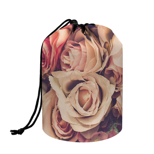 Retro Pink Roses Floral Print Drawstring Makeup Bag