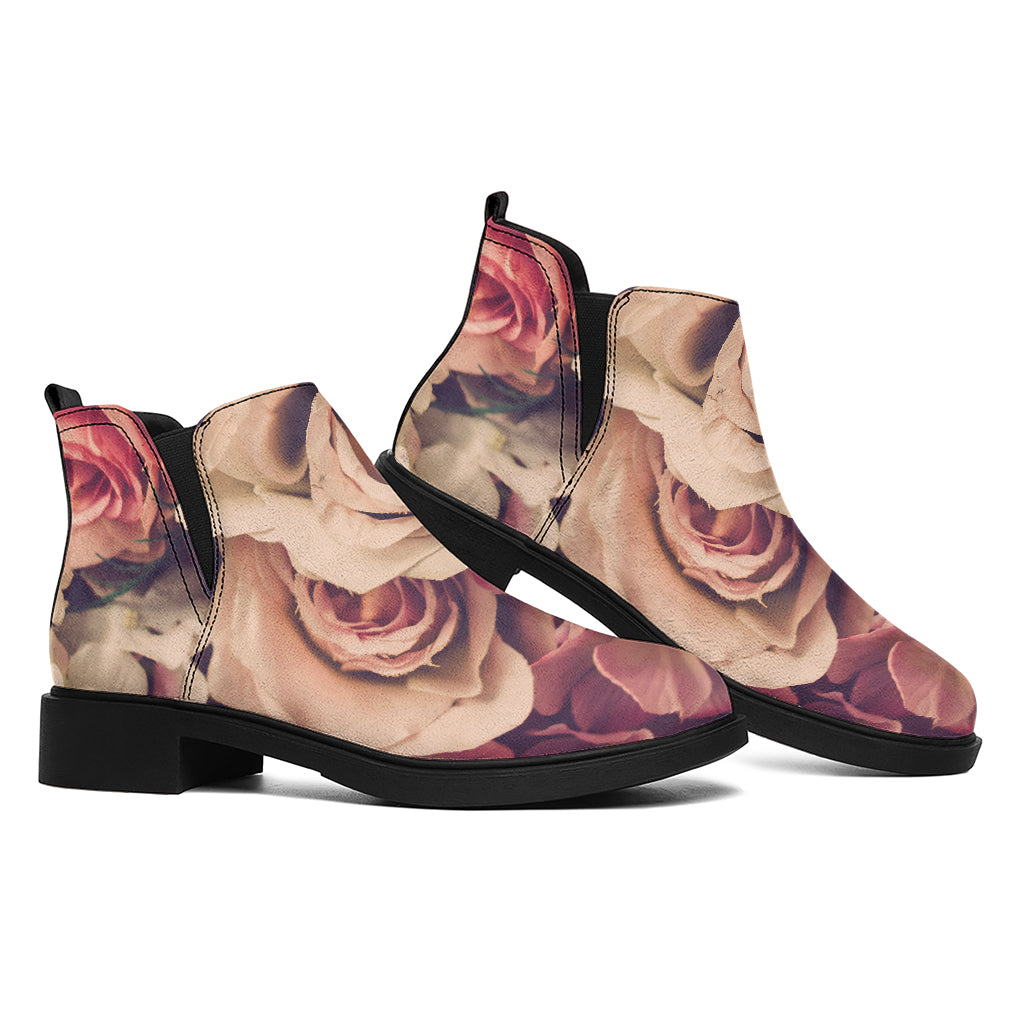 Retro Pink Roses Floral Print Flat Ankle Boots