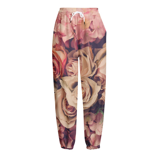 Retro Pink Roses Floral Print Fleece Lined Knit Pants