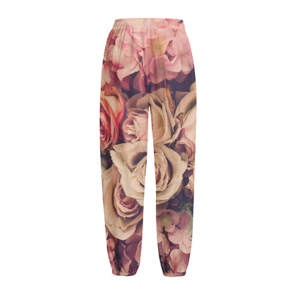 Retro Pink Roses Floral Print Fleece Lined Knit Pants