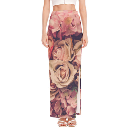 Retro Pink Roses Floral Print High Slit Maxi Skirt