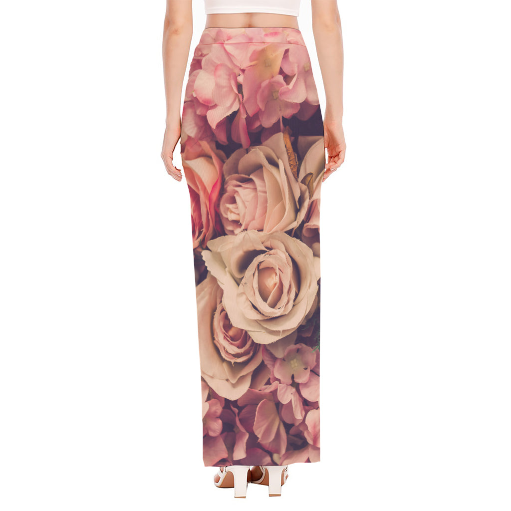 Retro Pink Roses Floral Print High Slit Maxi Skirt