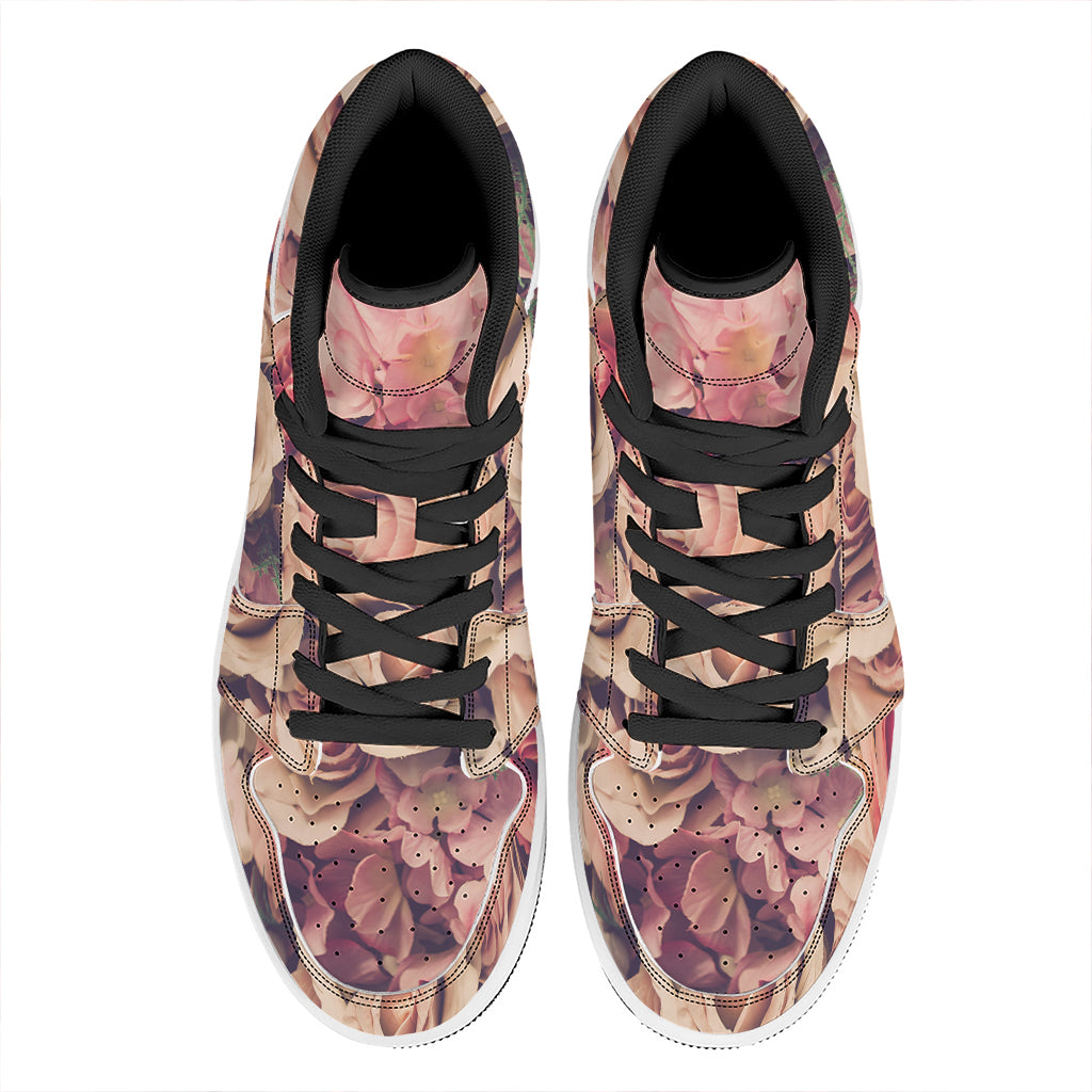 Retro Pink Roses Floral Print High Top Leather Sneakers