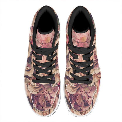 Retro Pink Roses Floral Print High Top Leather Sneakers