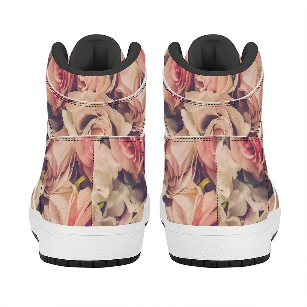 Retro Pink Roses Floral Print High Top Leather Sneakers