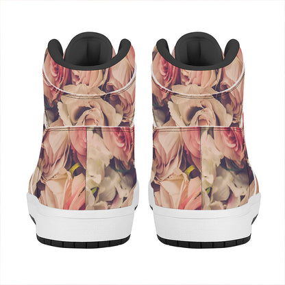Retro Pink Roses Floral Print High Top Leather Sneakers
