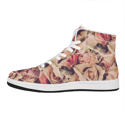 Retro Pink Roses Floral Print High Top Leather Sneakers