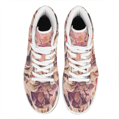 Retro Pink Roses Floral Print High Top Leather Sneakers