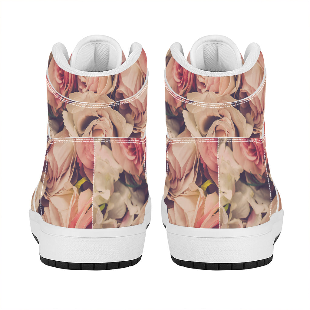 Retro Pink Roses Floral Print High Top Leather Sneakers