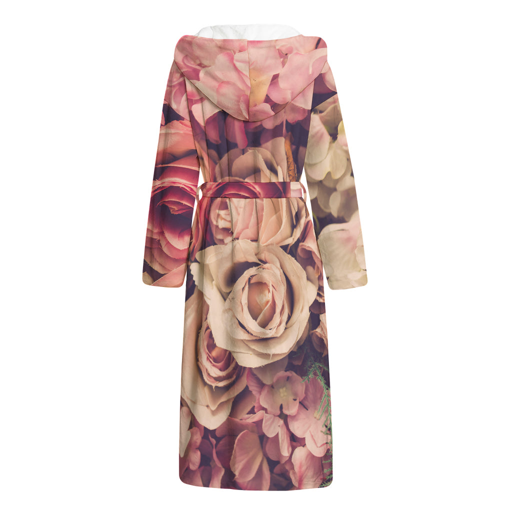 Retro Pink Roses Floral Print Hooded Bathrobe
