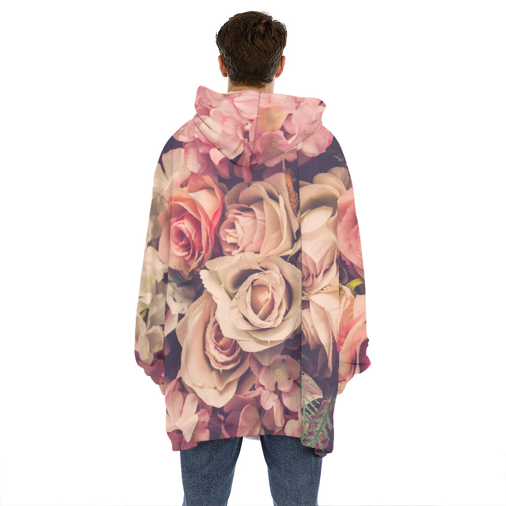 Retro Pink Roses Floral Print Hoodie Blanket