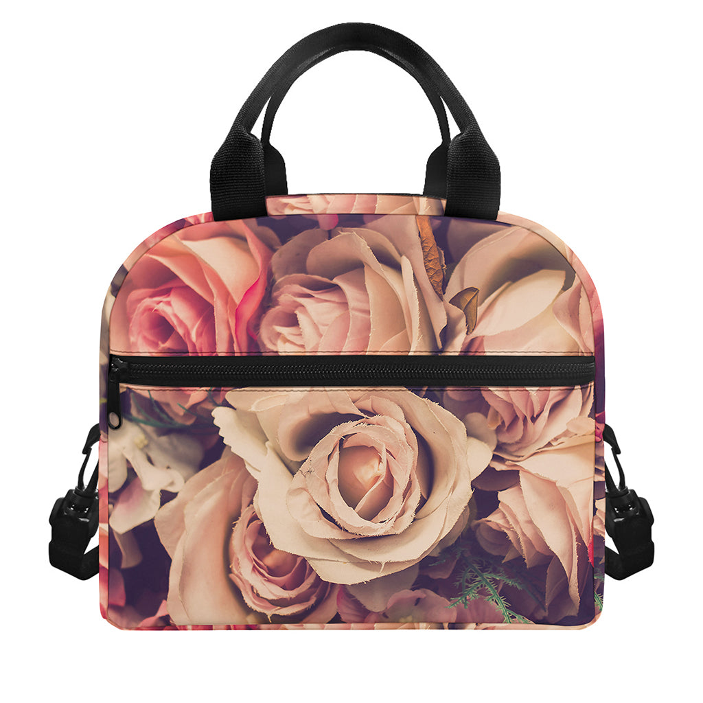 Retro Pink Roses Floral Print Insulated Lunch Bag