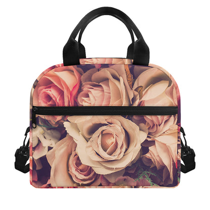 Retro Pink Roses Floral Print Insulated Lunch Bag