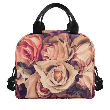 Retro Pink Roses Floral Print Insulated Lunch Bag