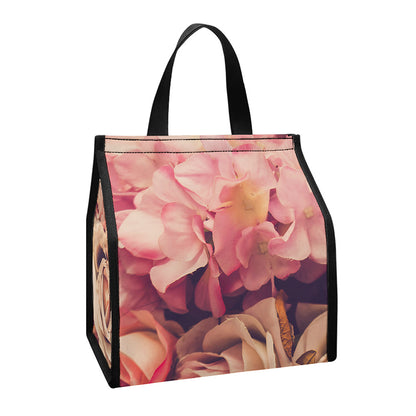 Retro Pink Roses Floral Print Insulated Lunch Tote