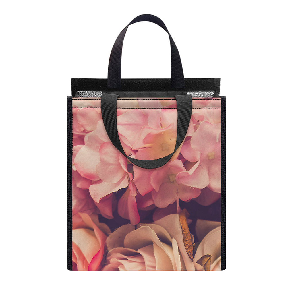 Retro Pink Roses Floral Print Insulated Lunch Tote