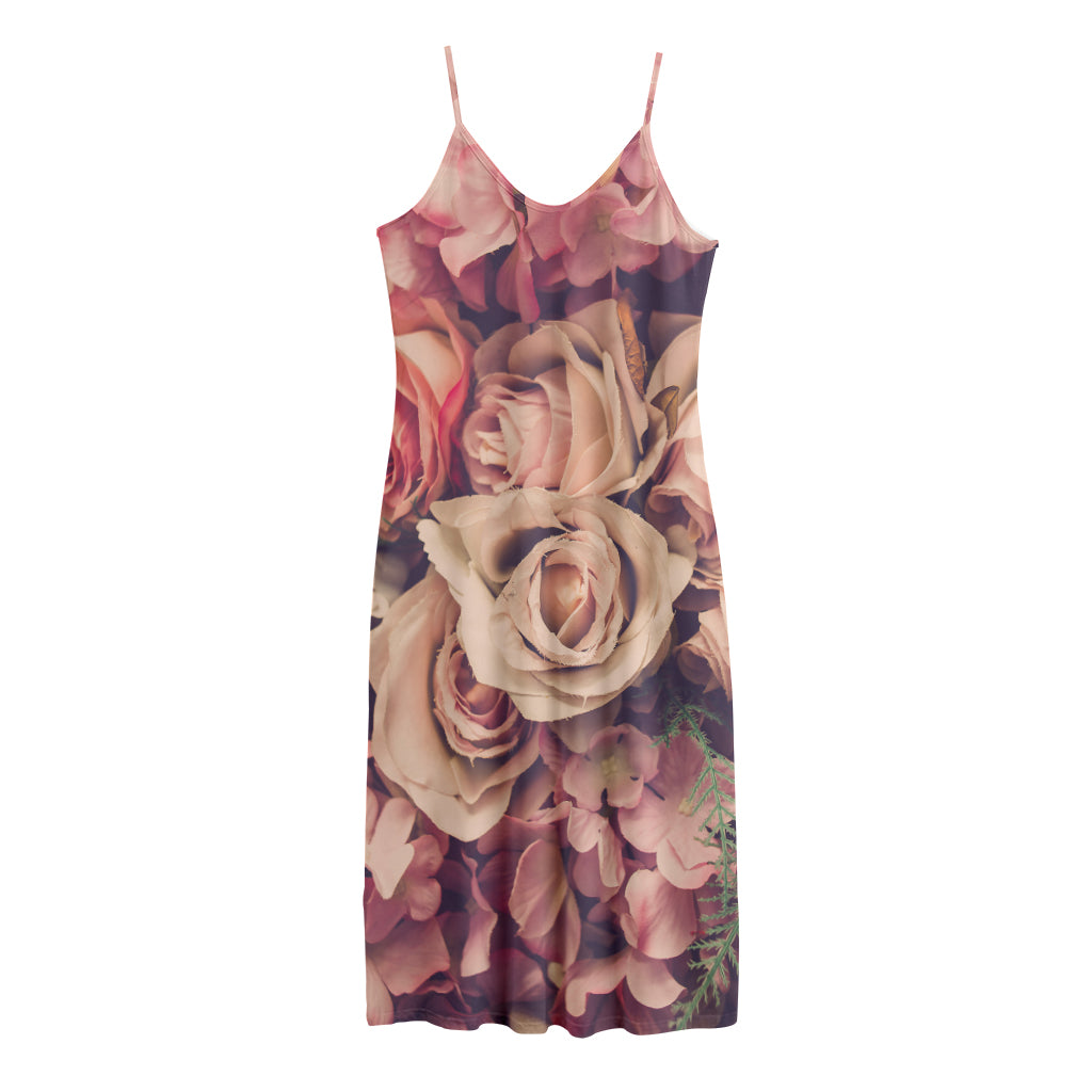 Retro Pink Roses Floral Print Jersey Midi Cami Dress