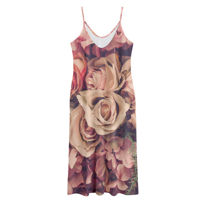 Retro Pink Roses Floral Print Jersey Midi Cami Dress