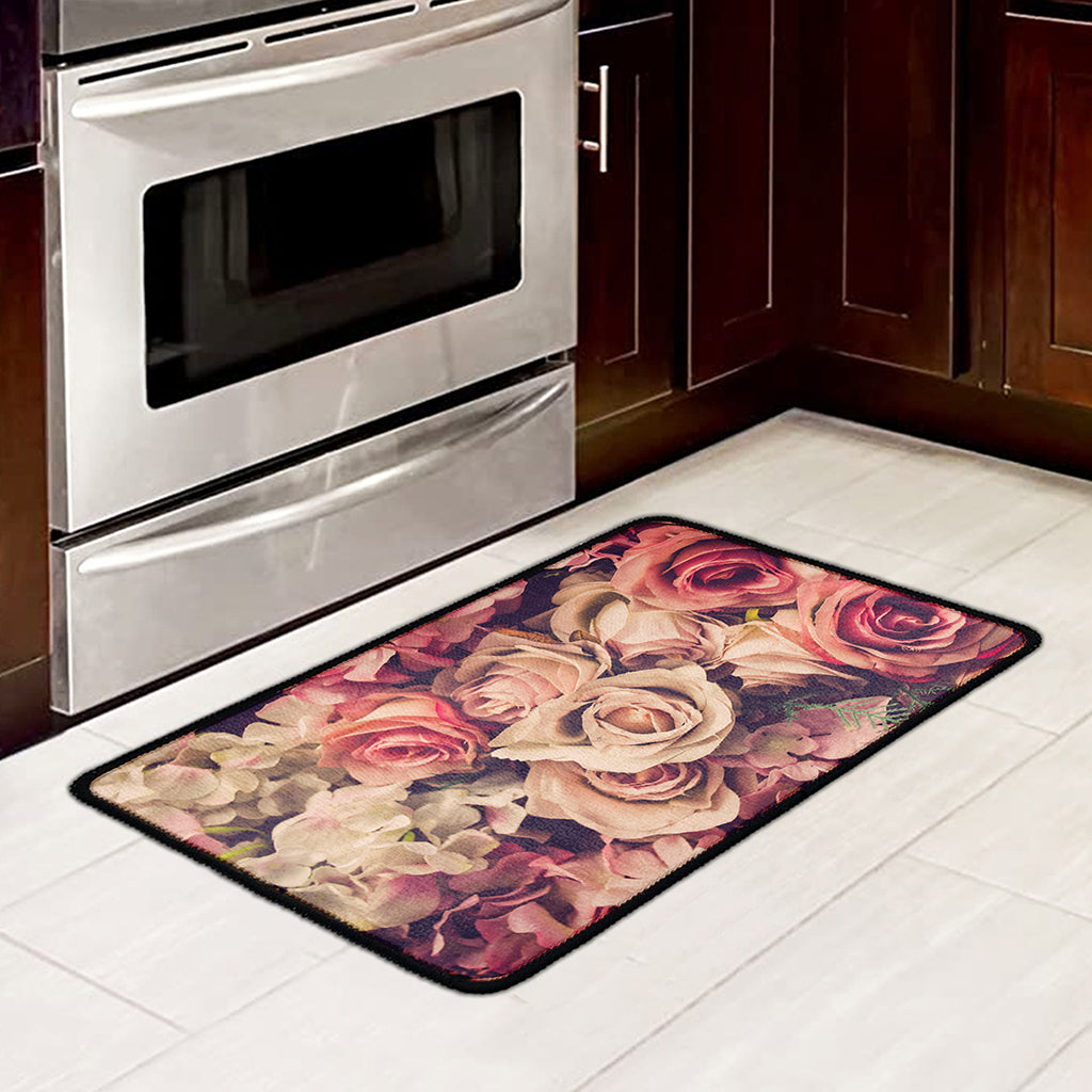 Retro Pink Roses Floral Print Kitchen Mat