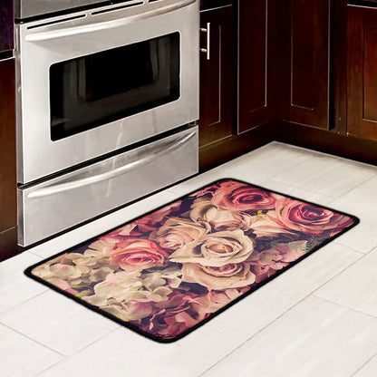 Retro Pink Roses Floral Print Kitchen Mat