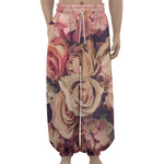 Retro Pink Roses Floral Print Lantern Pants