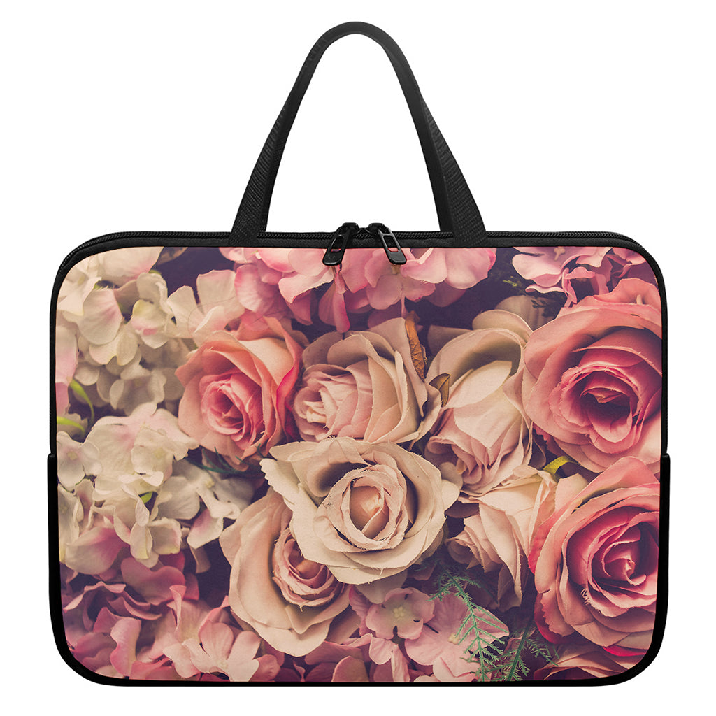 Retro Pink Roses Floral Print Laptop Sleeve With Handle