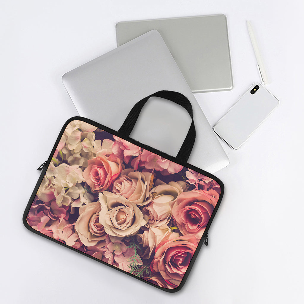 Retro Pink Roses Floral Print Laptop Sleeve With Handle