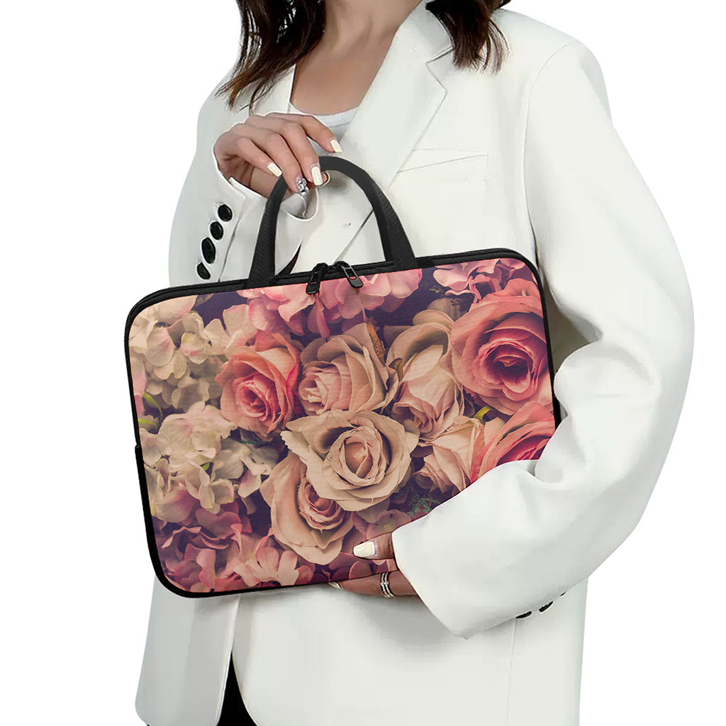 Retro Pink Roses Floral Print Laptop Sleeve With Handle