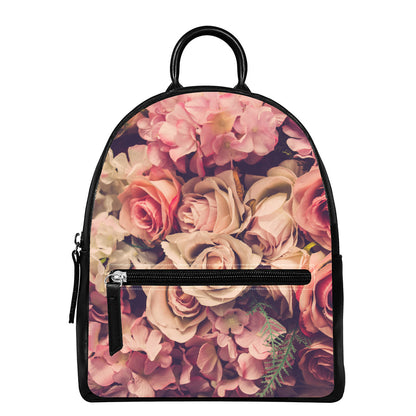 Retro Pink Roses Floral Print Leather Backpack