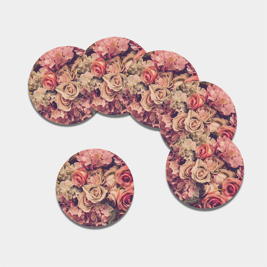 Retro Pink Roses Floral Print Leather Coaster Set