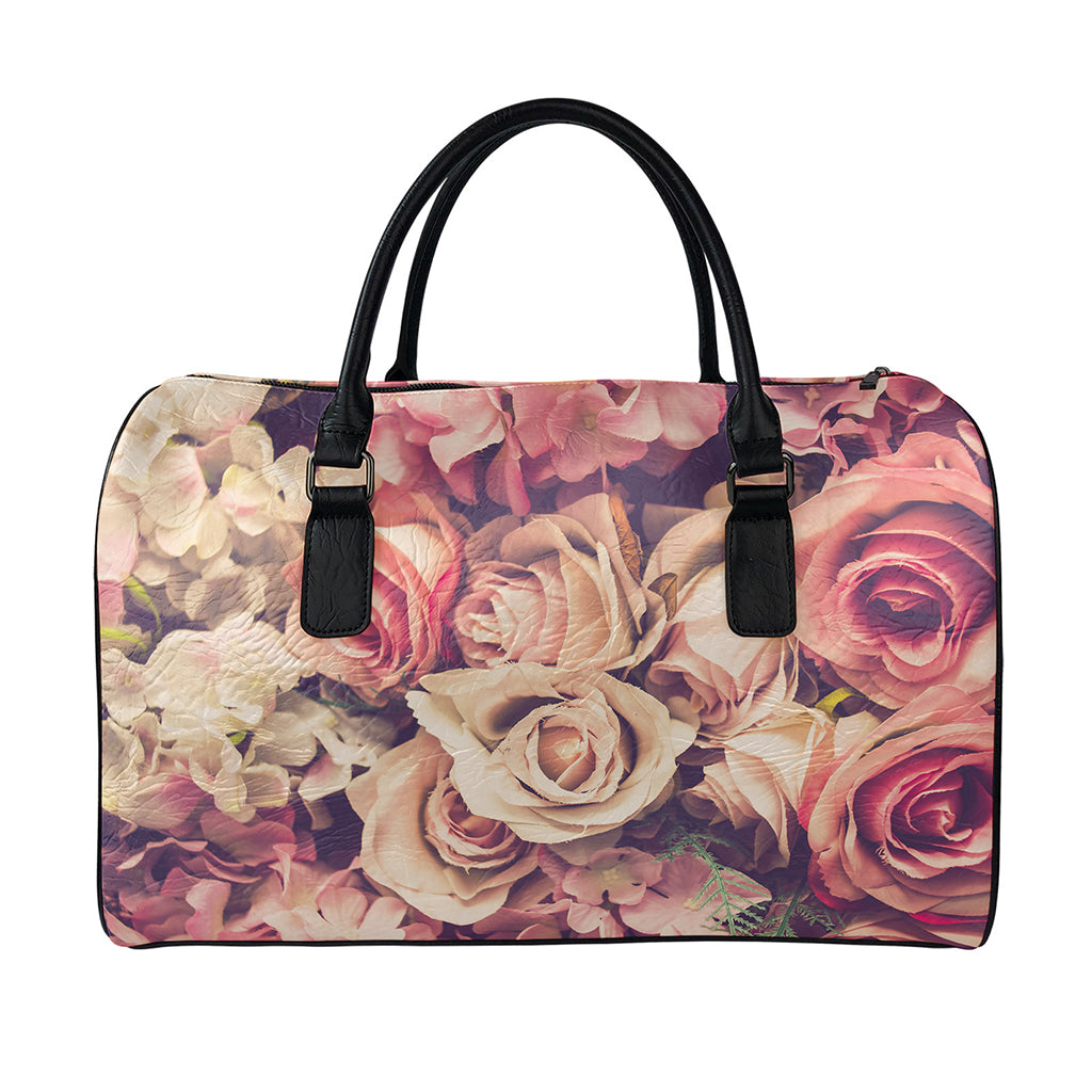 Retro Pink Roses Floral Print Leather Duffle Bag
