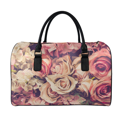 Retro Pink Roses Floral Print Leather Duffle Bag