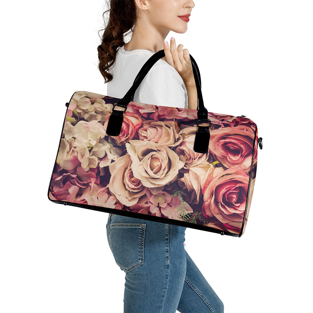 Retro Pink Roses Floral Print Leather Duffle Bag