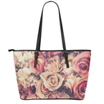 Retro Pink Roses Floral Print Leather Tote Bag