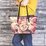 Retro Pink Roses Floral Print Leather Tote Bag