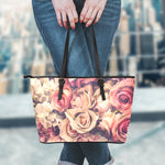 Retro Pink Roses Floral Print Leather Tote Bag