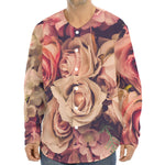 Retro Pink Roses Floral Print Long Sleeve Baseball Jersey