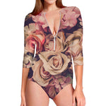 Retro Pink Roses Floral Print Long Sleeve Swimsuit