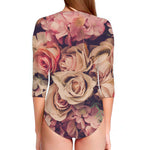 Retro Pink Roses Floral Print Long Sleeve Swimsuit