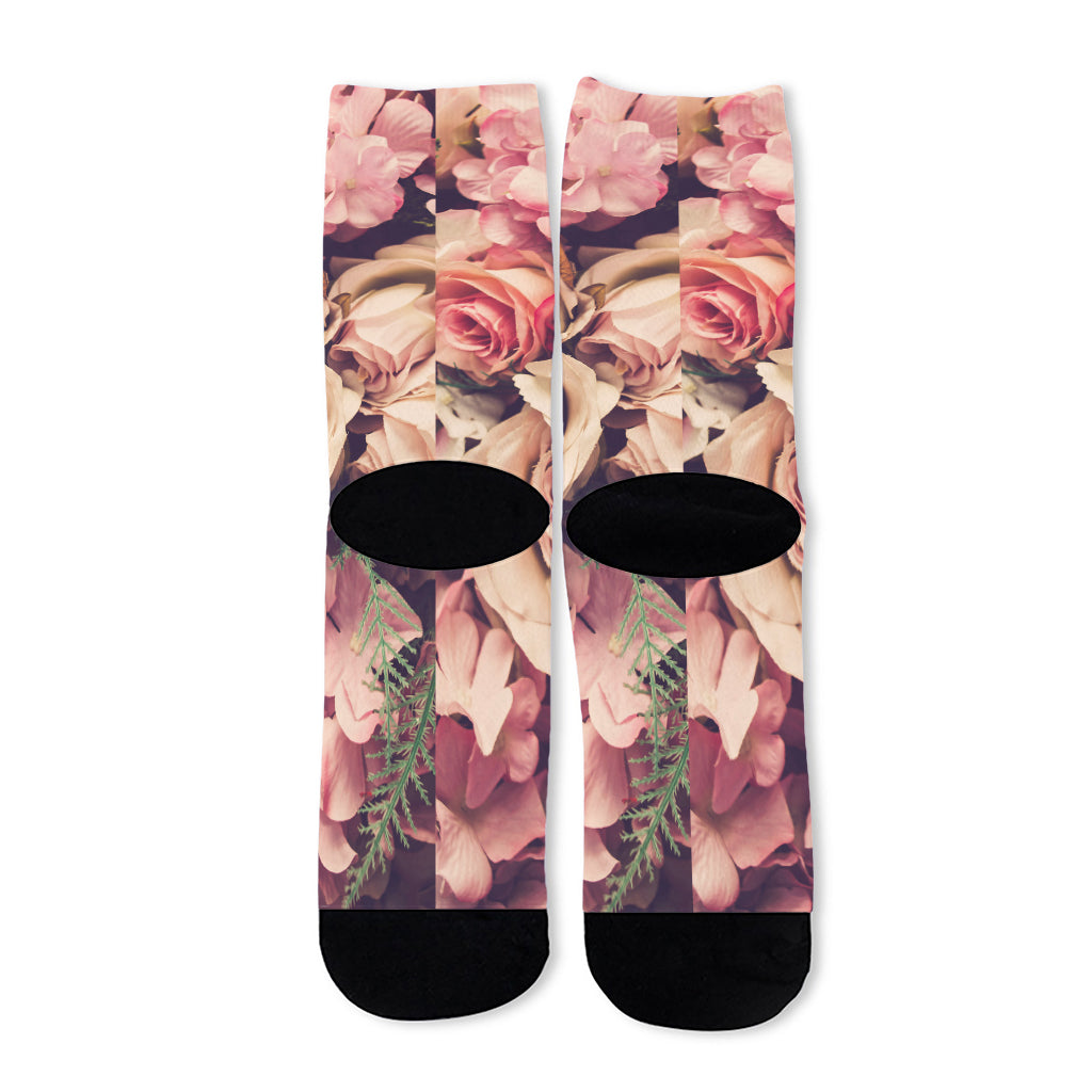 Retro Pink Roses Floral Print Long Socks