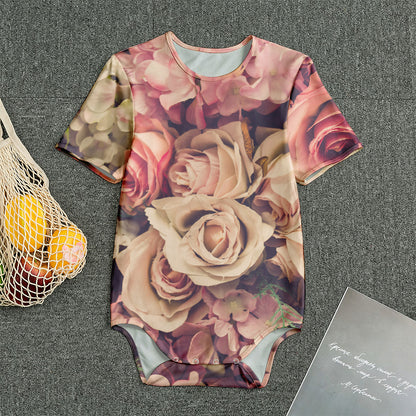Retro Pink Roses Floral Print Men's Bodysuit
