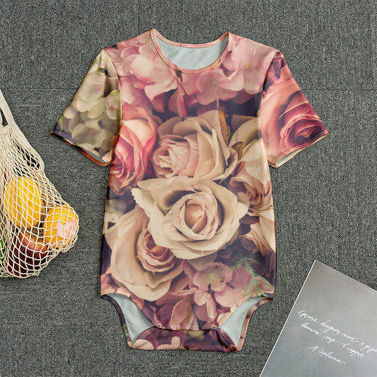 Retro Pink Roses Floral Print Men's Bodysuit