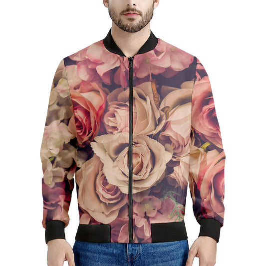 Retro Pink Roses Floral Print Men's Bomber Jacket