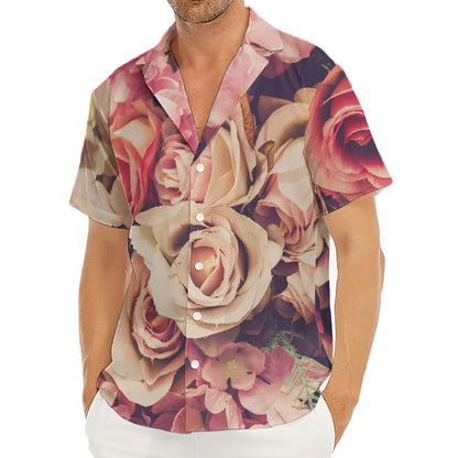 Retro Pink Roses Floral Print Men's Deep V-Neck Shirt