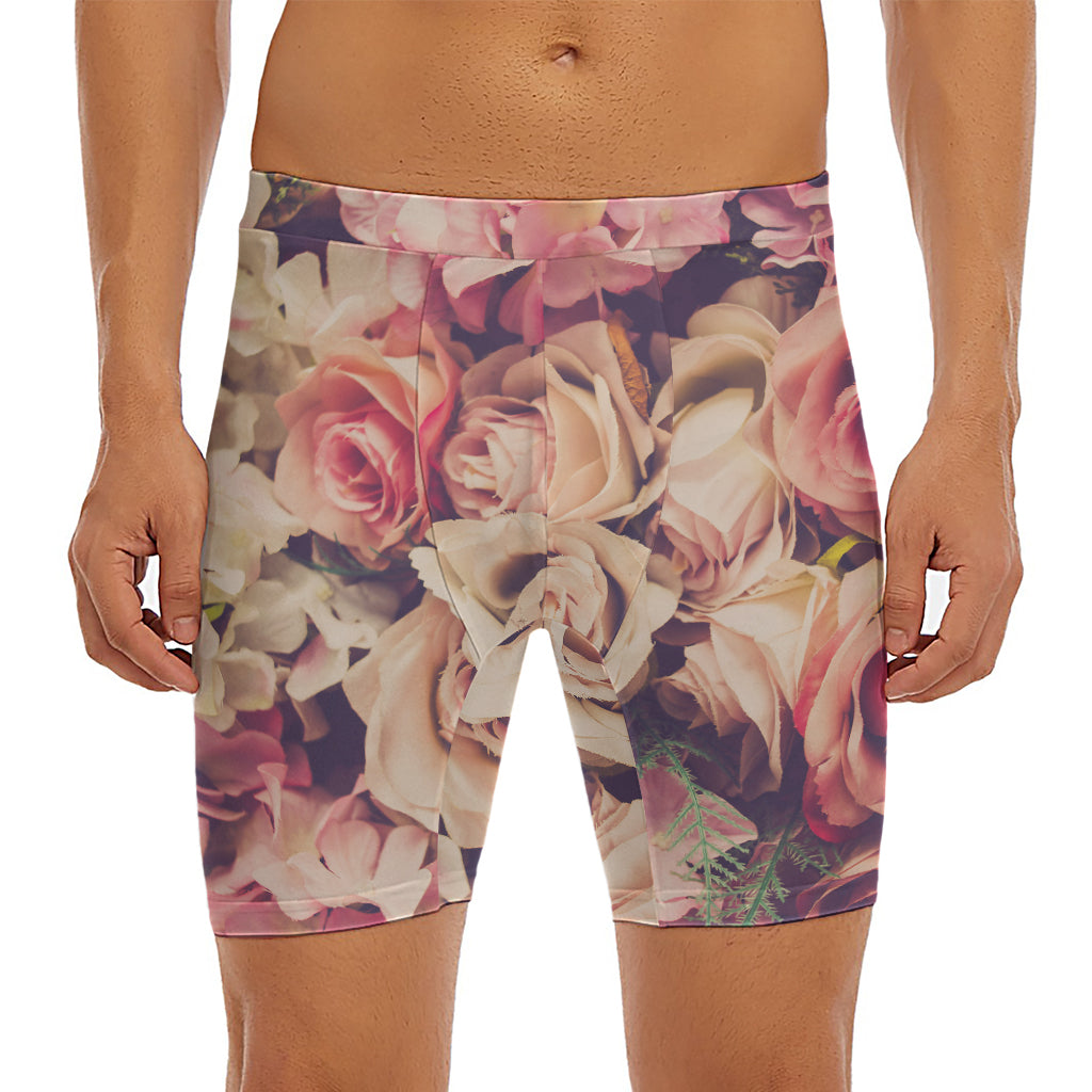 Retro Pink Roses Floral Print Men's Long Boxer Briefs
