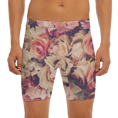 Retro Pink Roses Floral Print Men's Long Boxer Briefs