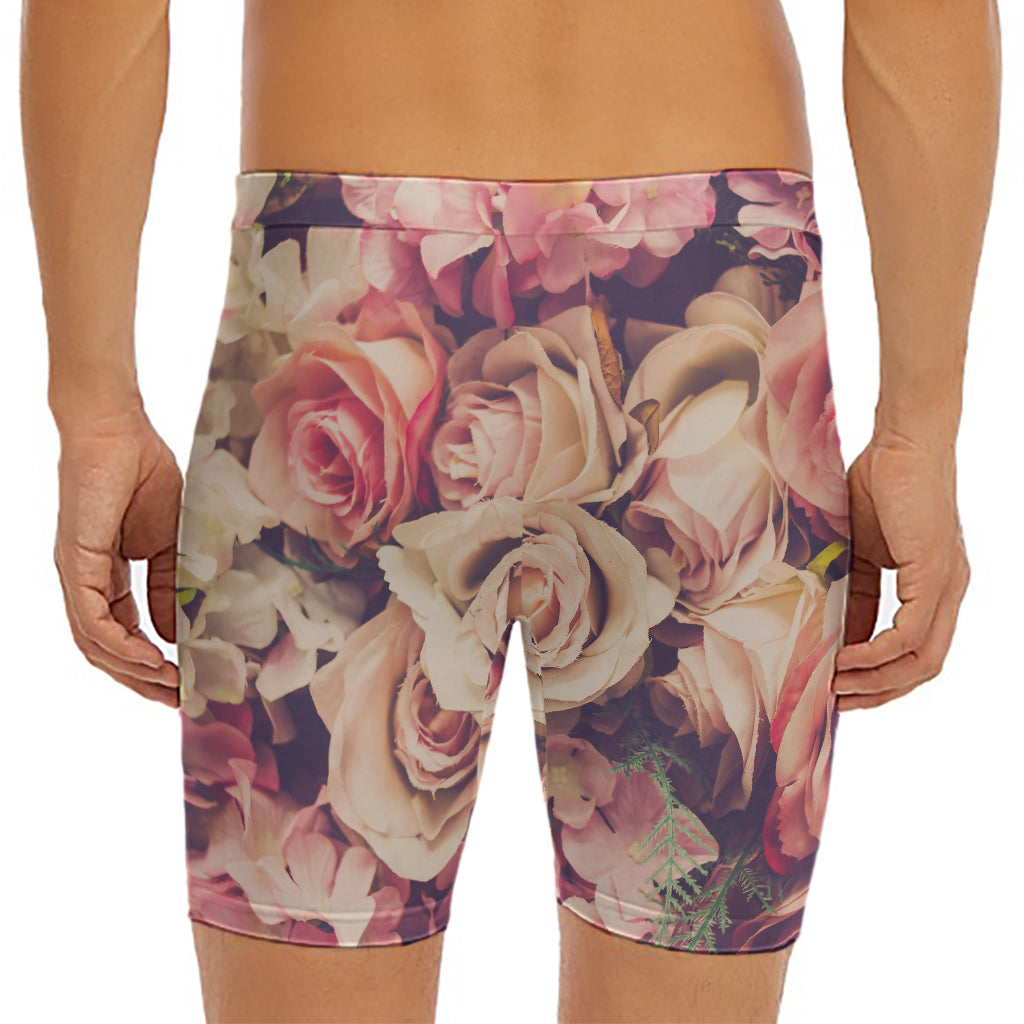 Retro Pink Roses Floral Print Men's Long Boxer Briefs
