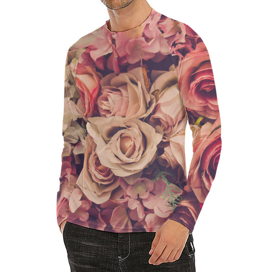Retro Pink Roses Floral Print Men's Long Sleeve Rash Guard