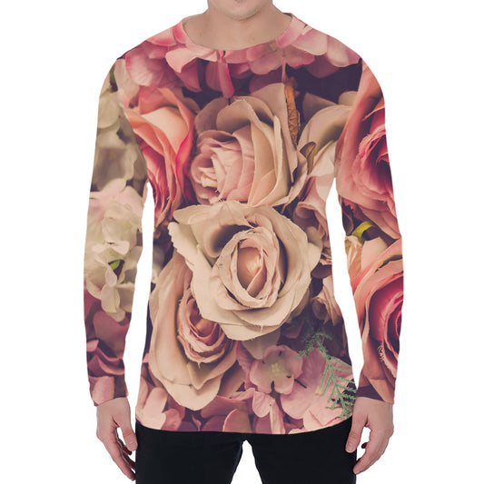 Retro Pink Roses Floral Print Men's Long Sleeve T-Shirt