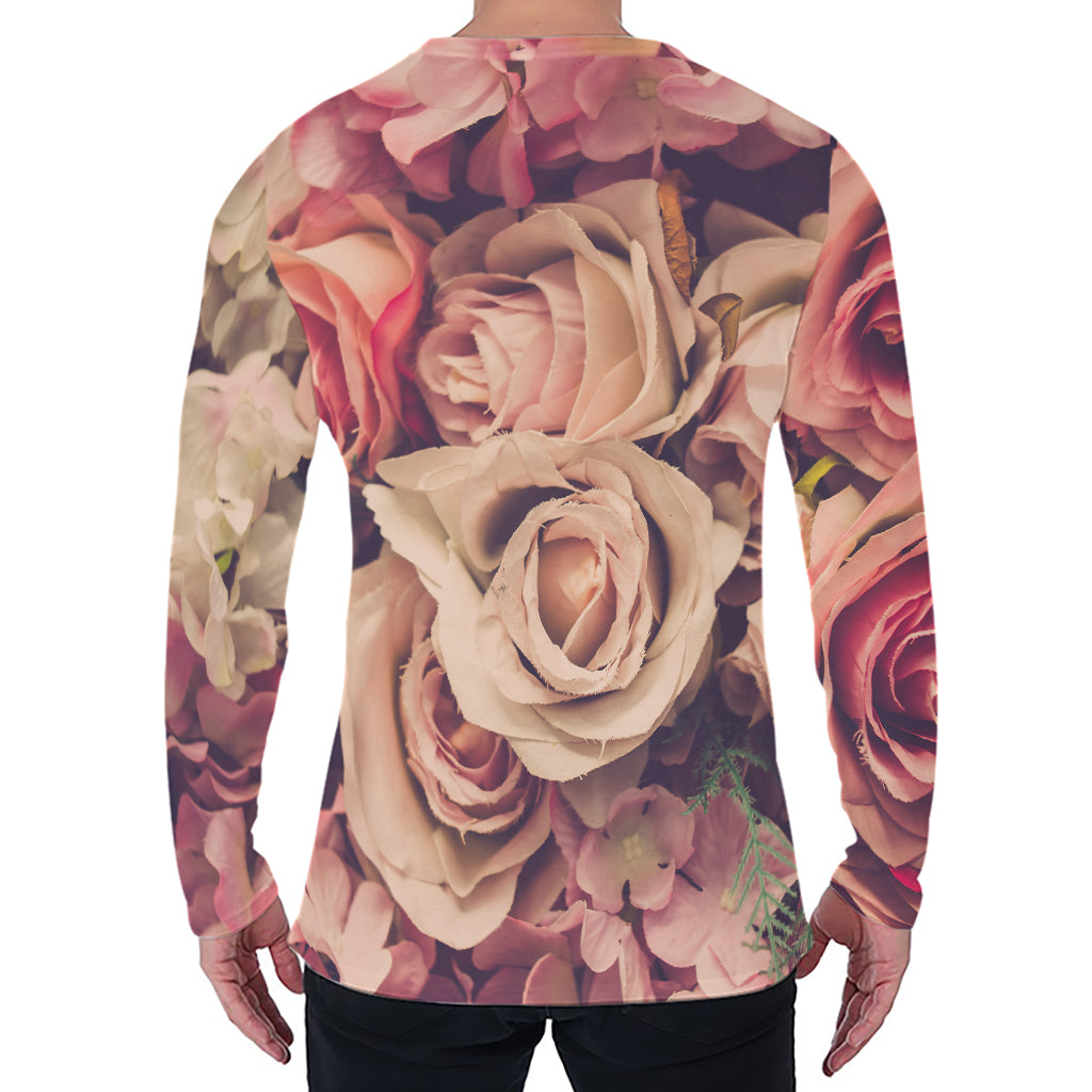 Retro Pink Roses Floral Print Men's Long Sleeve T-Shirt
